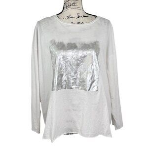 Planet by Lauren G Womens Top White Long Sleeve Silver Foil Panel One Size